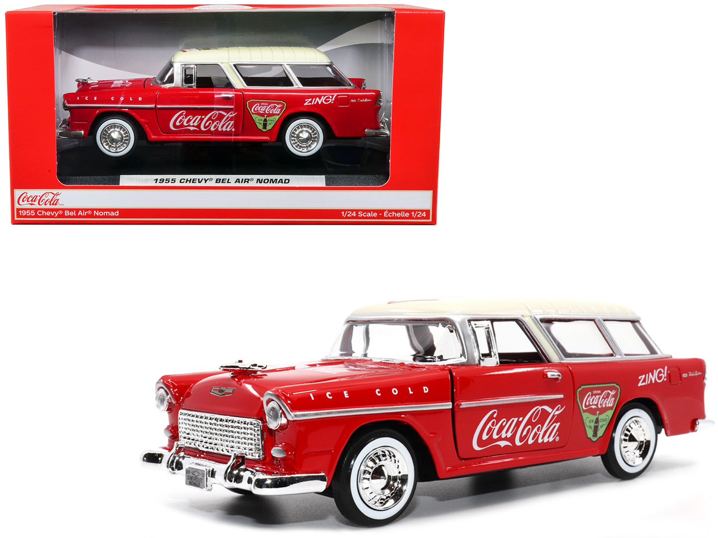 1955 Chevrolet Bel Air Nomad Red with White Top "Coca-Cola" 1/24 Diecast Model Car by Motor City Classics