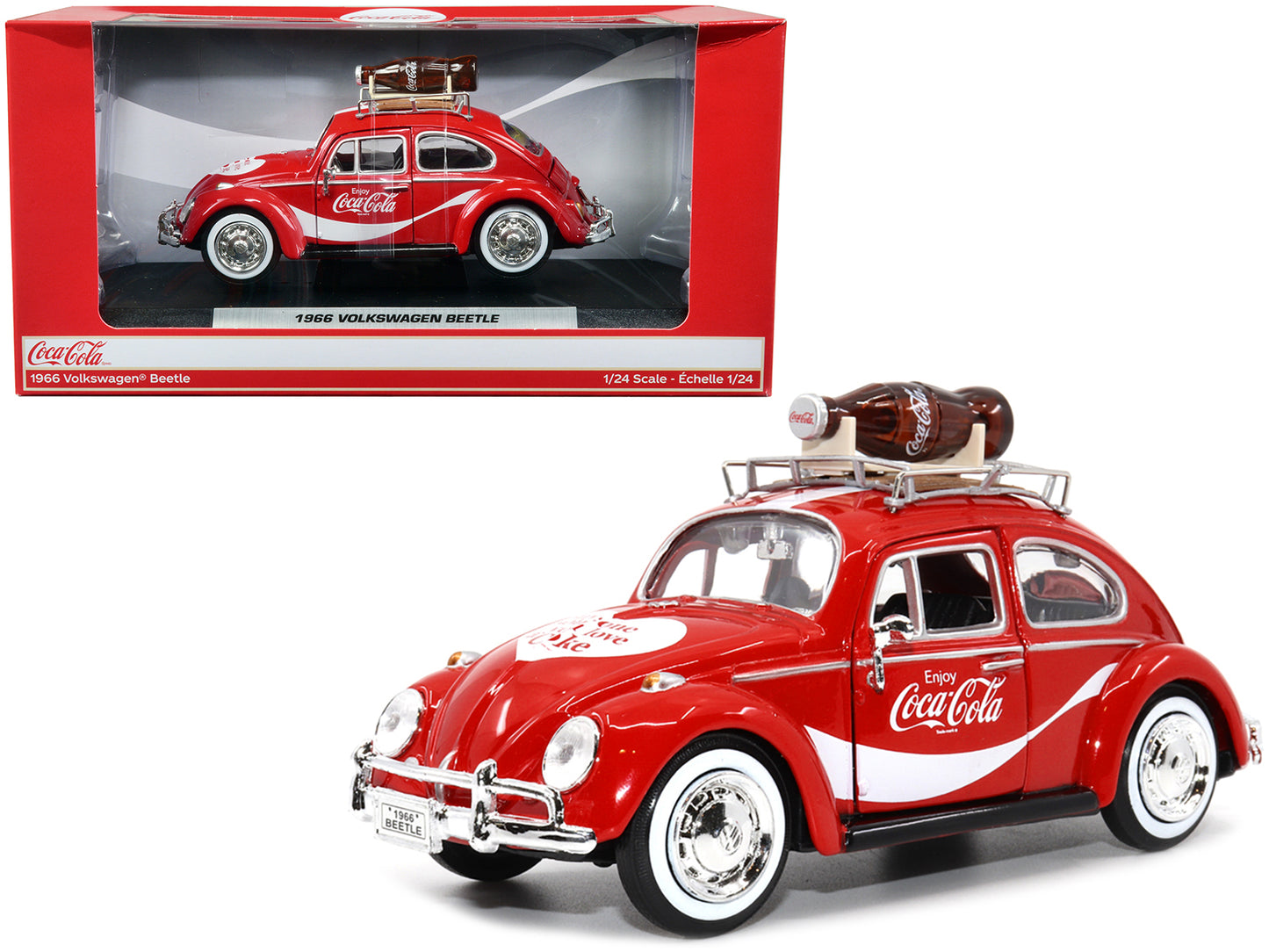 1966 Volkswagen Beetle Red "Enjoy Coca-Cola" with Roof Rack and Accessories 1/24 Diecast Model Car by Motor City Classics