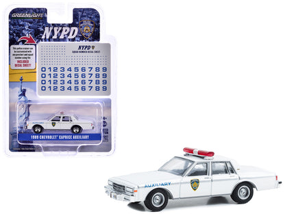 1989 Chevrolet Caprice "New York Police Department (NYPD)" White with NYPD Squad Number Decal Sheet "Hobby Exclusive" Series 1/64 Diecast Model Car by Greenlight