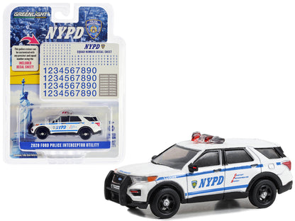 2020 Ford Police Interceptor Utility White "New York City Police Dept (NYPD)" with NYPD Squad Number Decal Sheet "Hot Pursuit - Hobby Exclusive" Series 1/64 Diecast Model Car by Greenlight