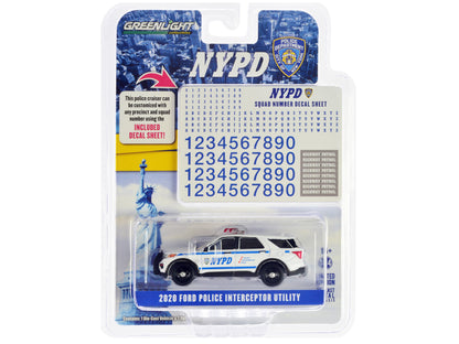 2020 Ford Police Interceptor Utility White "New York City Police Dept (NYPD)" with NYPD Squad Number Decal Sheet "Hot Pursuit - Hobby Exclusive" Series 1/64 Diecast Model Car by Greenlight