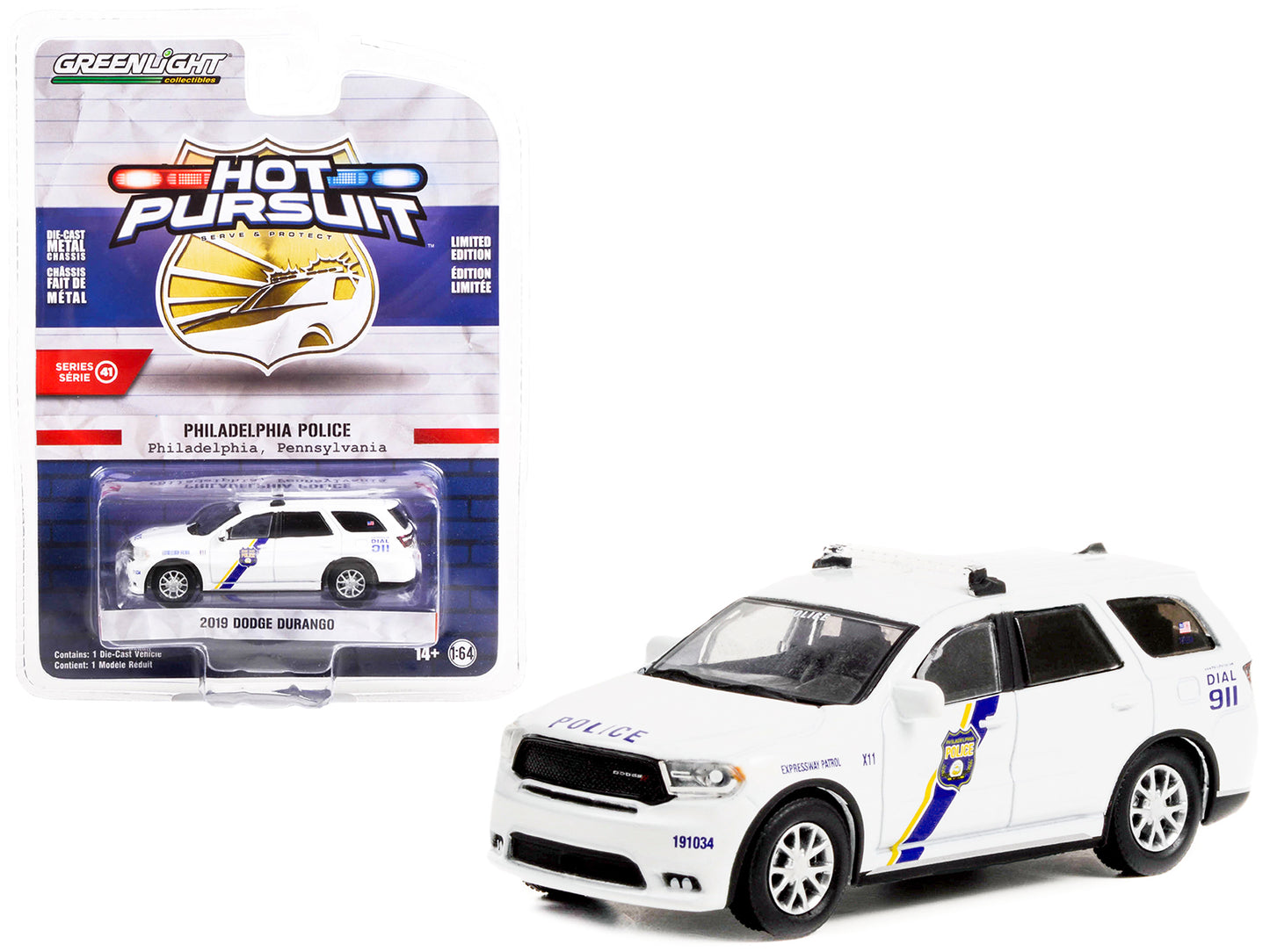 2019 Dodge Durango Police White "Philadelphia Police Pennsylvania" "Hot Pursuit" Series 41 1/64 Diecast Model Car by Greenlight