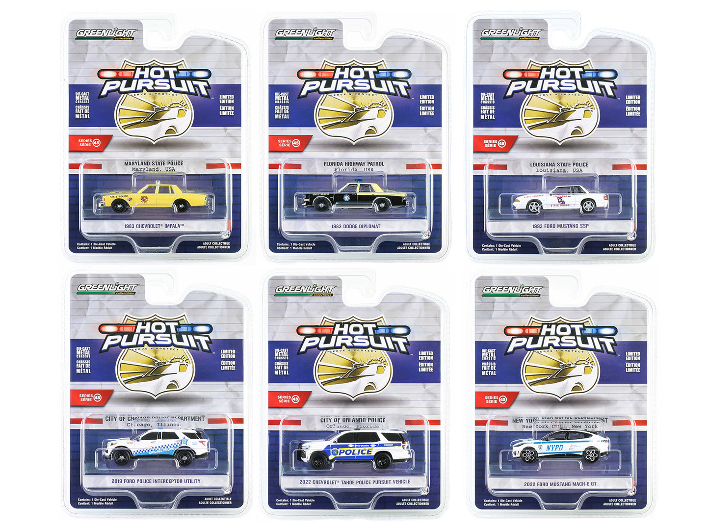 "Hot Pursuit" Set of 6 Police Cars Series 45 1/64 Diecast Model Cars by Greenlight