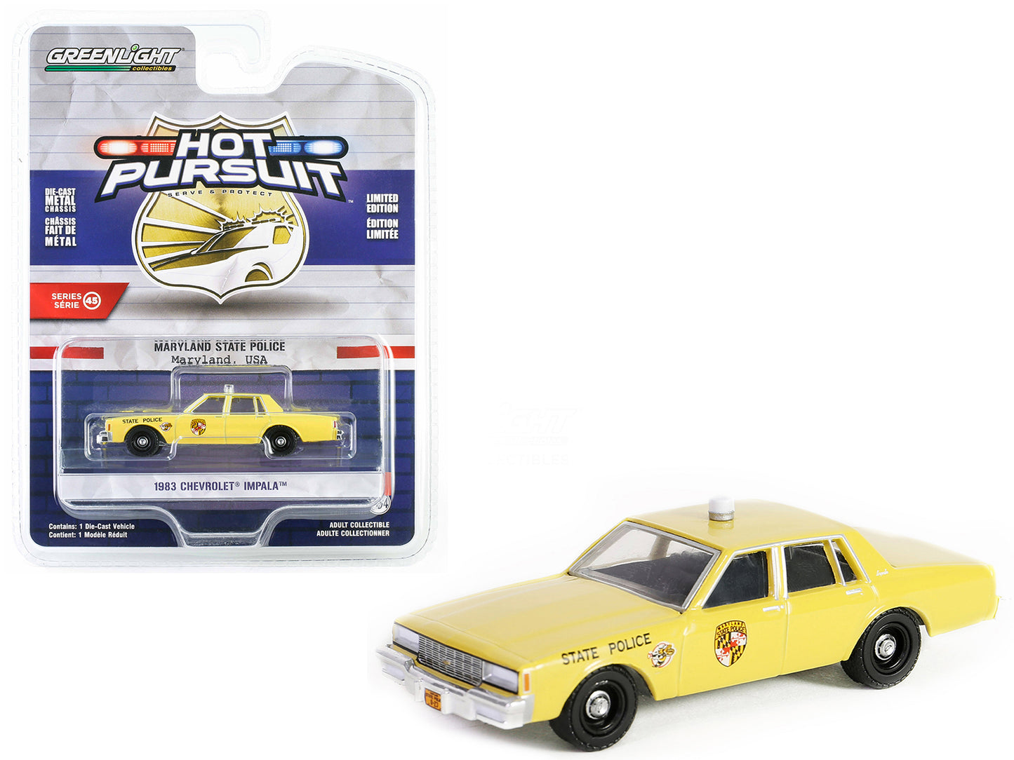 1983 Chevrolet Impala Yellow "Maryland State Police" "Hot Pursuit" Series 45 1/64 Diecast Model Car by Greenlight