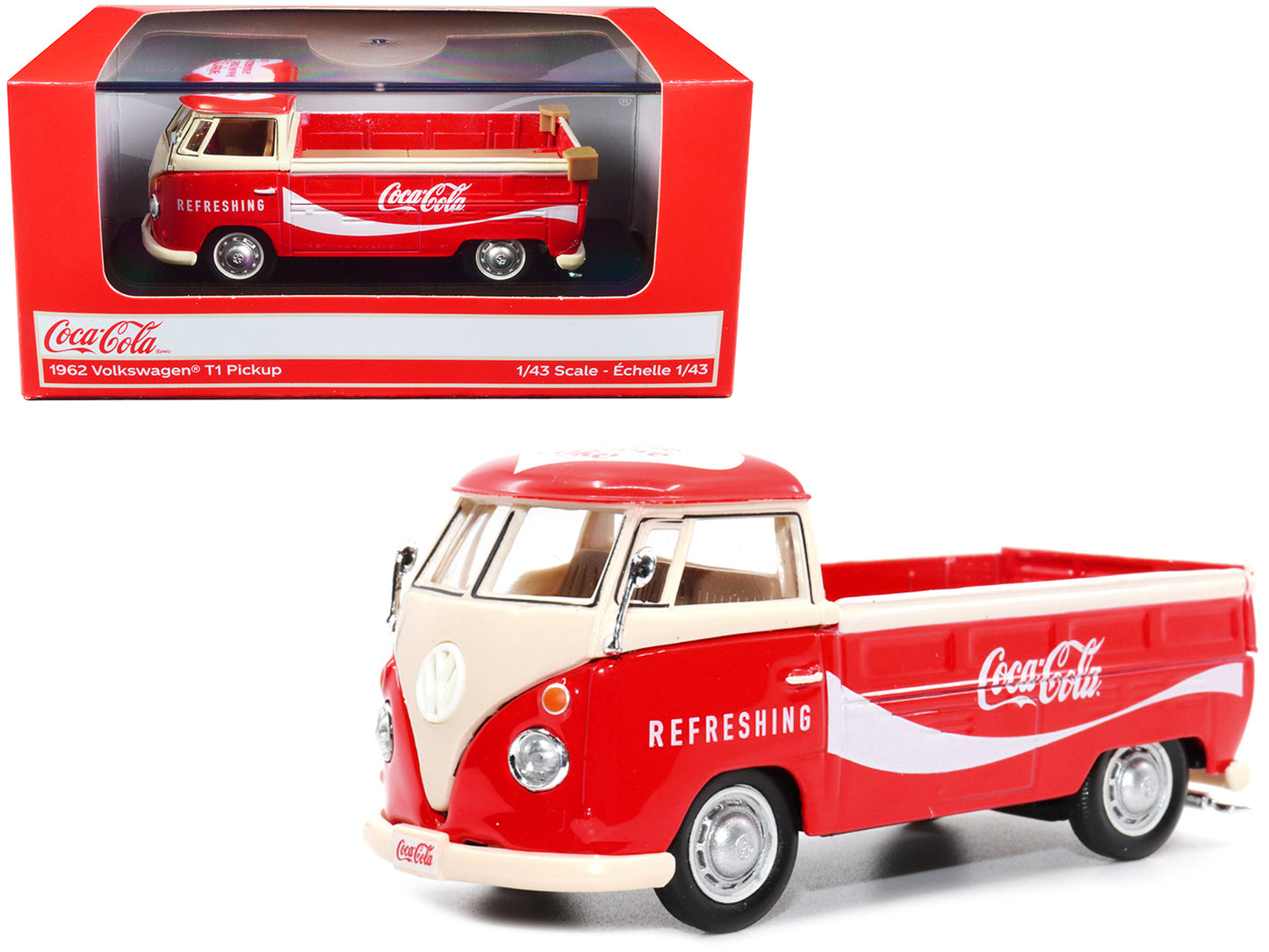 1962 Volkswagen T1 Pickup Truck Red and White "Refreshing Coca-Cola" 1/43 Diecast Model Car by Motor City Classics