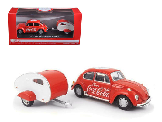 1967 Volkswagen Beetle Red with Teardrop Travel Trailer Red and White "Coca-Cola" 1/43 Diecast Model Car by Motorcity Classics