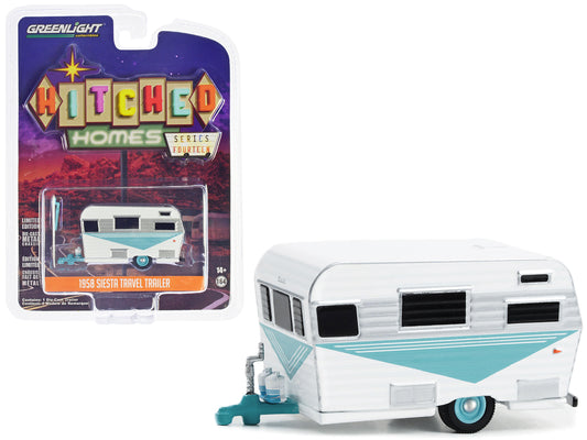 1958 Siesta Travel Trailer White and Teal with Polished Silver Stripes "Hitched Homes" Series 14 1/64 Diecast Model by Greenlight