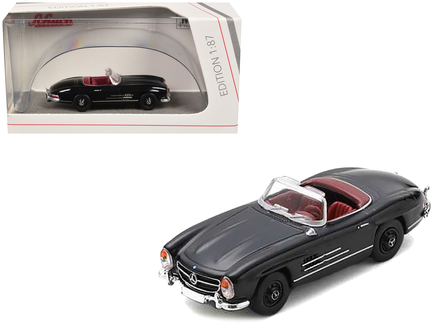 Mercedes-Benz 300 SL Roadster Black with Red Interior 1/87 (HO) Diecast Model Car by Schuco