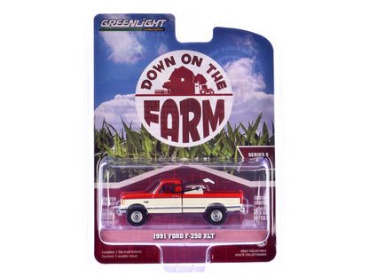 1991 Ford F-250 XLT Pickup Truck with Fuel Transfer Tank Scarlet Red and Colonial White "Down on the Farm" Series 9 1/64 Diecast Model by Greenlight