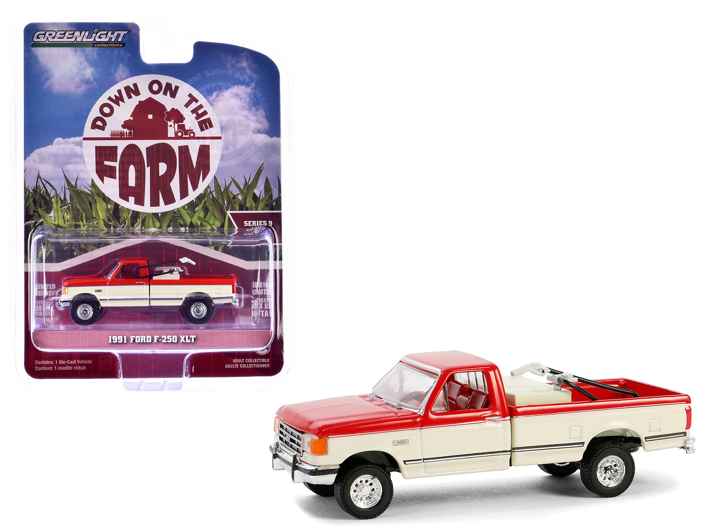 1991 Ford F-250 XLT Pickup Truck with Fuel Transfer Tank Scarlet Red and Colonial White "Down on the Farm" Series 9 1/64 Diecast Model by Greenlight