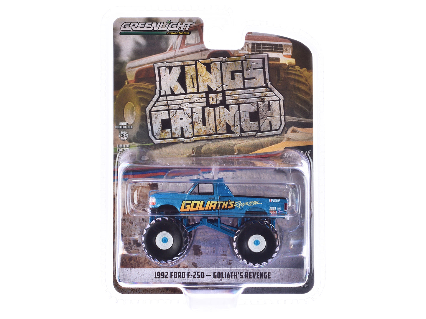 1992 Ford F-250 Monster Truck Blue Metallic "Goliath’s Revenge" "Kings of Crunch" Series 15 1/64 Diecast Model Car by Greenlight