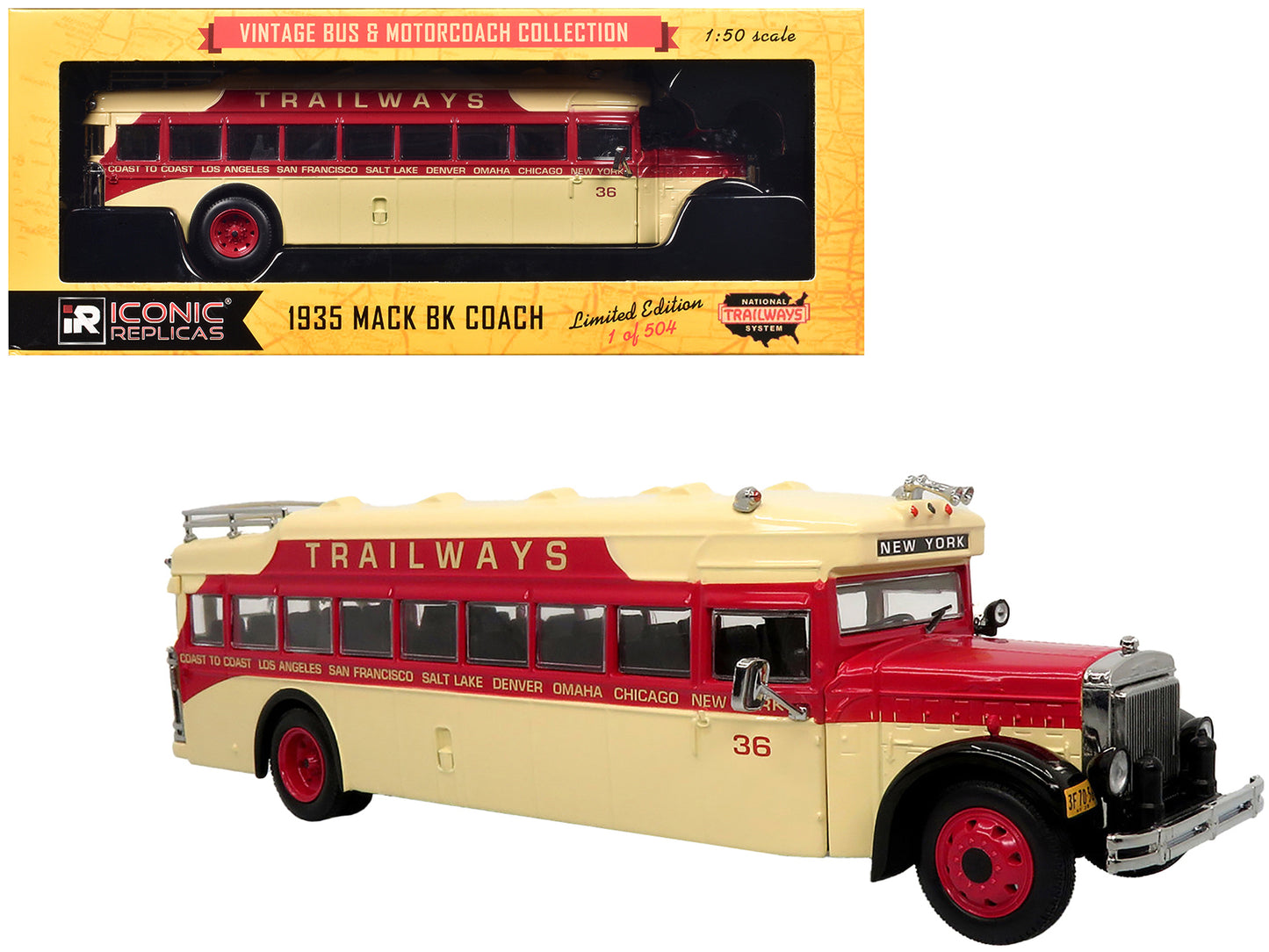 1935 Mack BK Coach Bus "Trailways" Beige and Red "Vintage Bus & Motorcoach Collection" Limited Edition to 504 pieces Worldwide 1/64 Diecast Model by Iconic Replicas