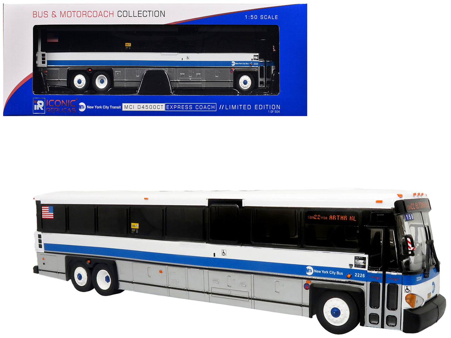 MCI D4500CT Express Coach Bus "MTA New York City Transit" White with Blue Stripes "The Bus & Motorcoach Collection" Limited Edition to 504 pieces Worldwide 1/50 Plastic Model by Iconic Replicas