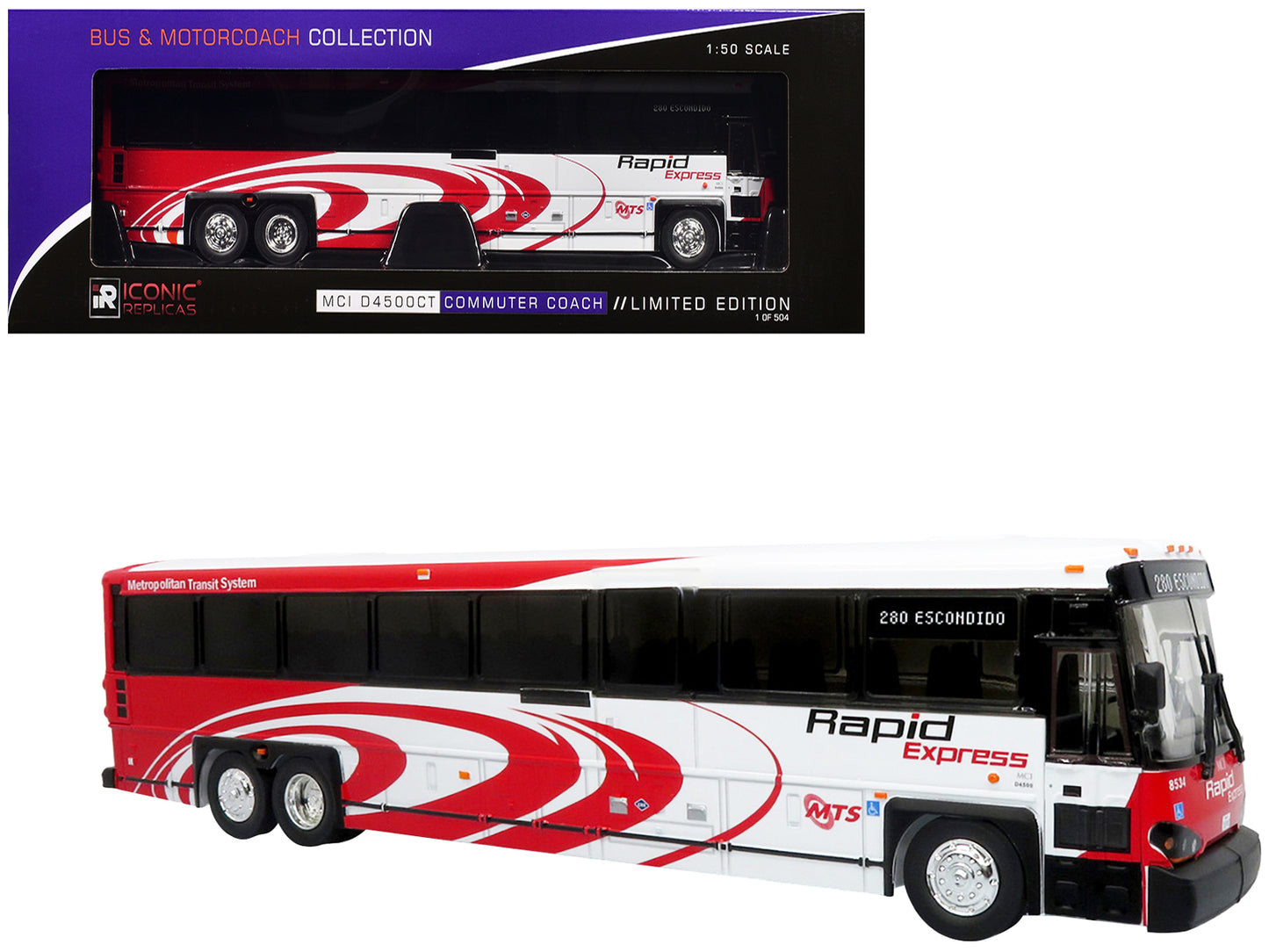 MCI D4500CT Commuter Coach Bus "San Diego MTS Rapid Express" White and Red "The Bus & Motorcoach Collection" Limited Edition to 504 pieces Worldwide 1/50 Plastic Model by Iconic Replicas