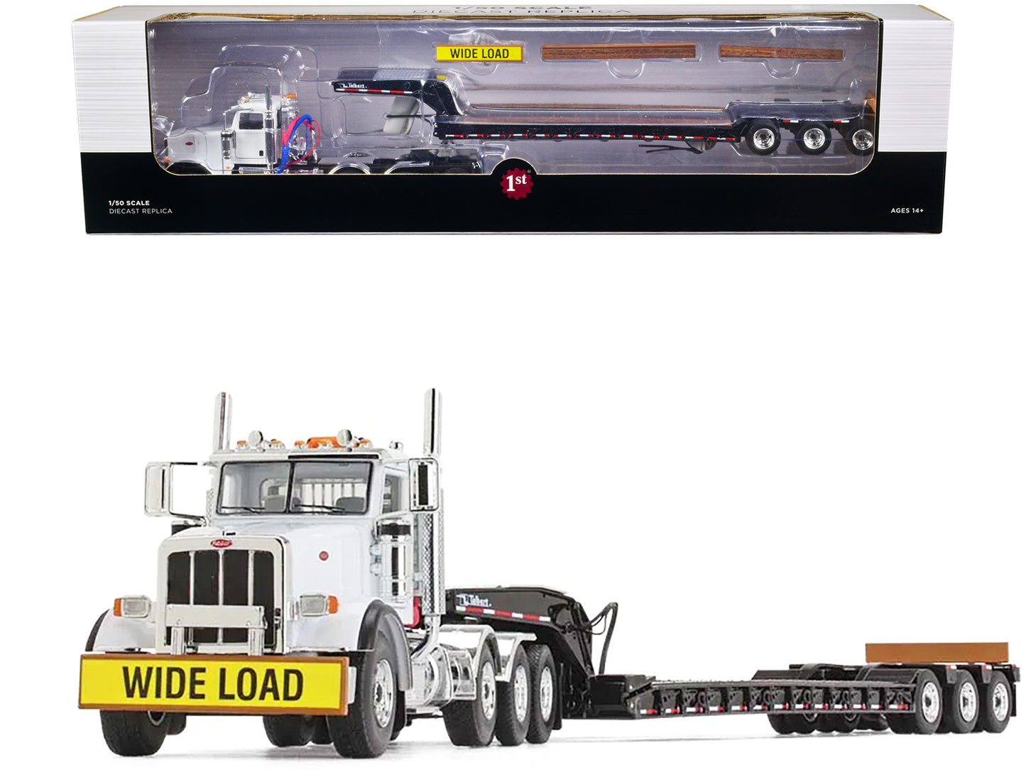 Peterbilt 367 Day Cab White and Talbert 55SA Tri-Axle Lowboy Trailer Black 1/50 Diecast Model by First Gear