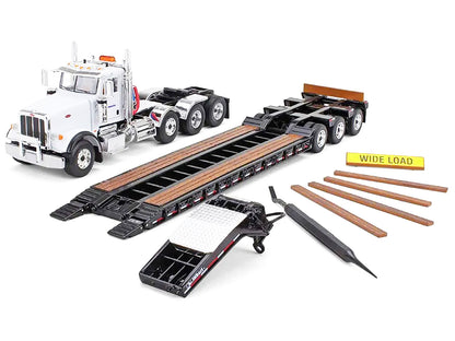 Peterbilt 367 Day Cab White "Komatsu" and Talbert 55SA Tri-Axle Lowboy Trailer Black 1/50 Diecast Model by First Gear