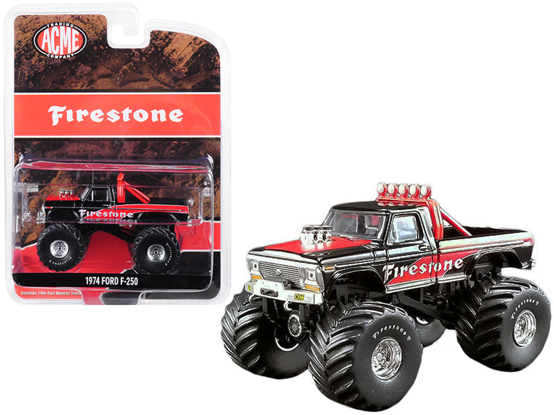 1974 Ford F-250 Monster Truck "Firestone" Black and Red "ACME Exclusive" 1/64 Diecast Model Car by Greenlight for ACME