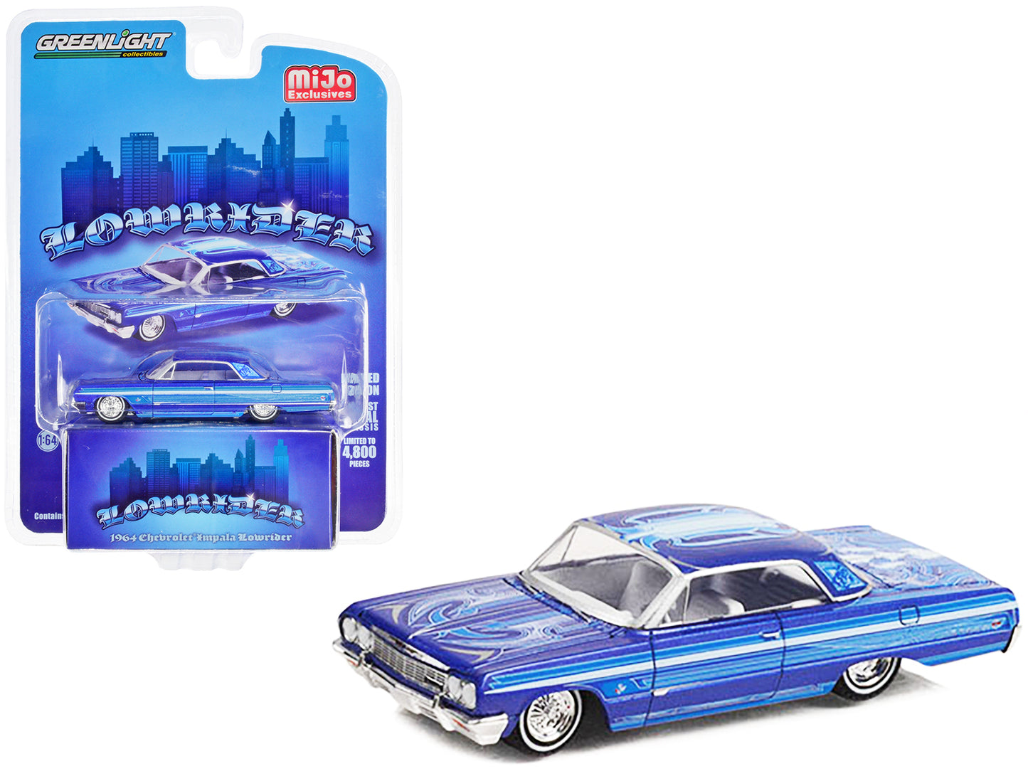 1964 Chevrolet Impala SS Lowrider Blue Metallic with Graphics "Mijo Exclusives" Series Limited Edition to 4800 pieces Worldwide 1/64 Diecast Model Car by Greenlight