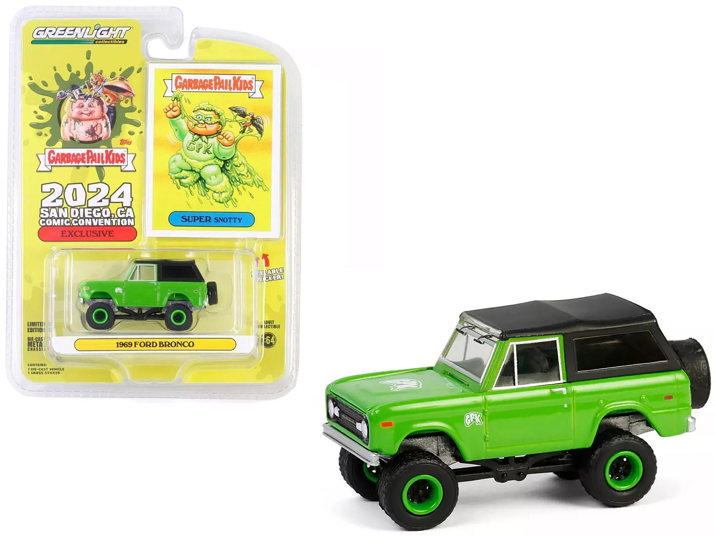 1969 Ford Bronco "Garbage Pail Kids: Super Snotty" Green with Black Top "San Diego Comic-Con 2024 Exclusive" 1/64 Diecast Model Car by Greenlight