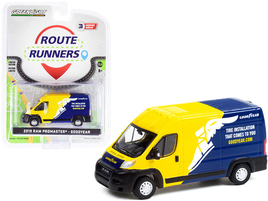 2019 Ram ProMaster 2500 Cargo High Roof Van Yellow and Blue "Goodyear" 'Tire Installation That Comes To You' "Route Runners" Series 3 1/64 Diecast Model by Greenlight