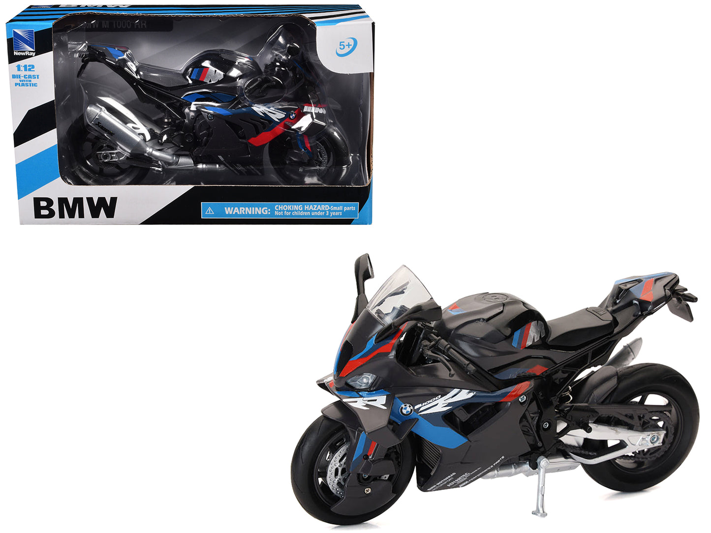 BMW M 1000 RR Motorcycle Black with Red and Blue Stripes 1/12 Diecast Model by New Ray