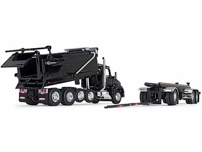 Kenworth T880 Quad-Axle Dump Truck and Rogue Transfer Tandem-Axle Dump Trailer Black 1/64 Diecast Model by DCP/First Gear