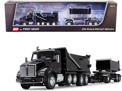 Kenworth T880 Quad-Axle Dump Truck and Rogue Transfer Tandem-Axle Dump Trailer Black 1/64 Diecast Model by DCP/First Gear