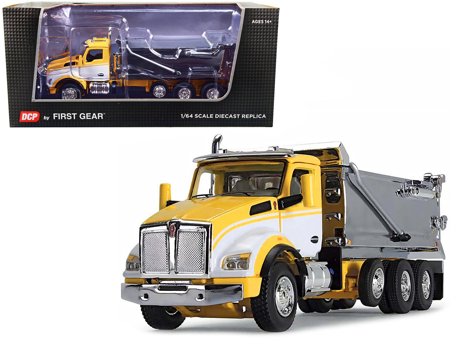 Kenworth T880 Day Cab with Rogue Transfer Dump Body Truck Yellow with White and Chrome 1/64 Diecast Model by DCP/First Gear