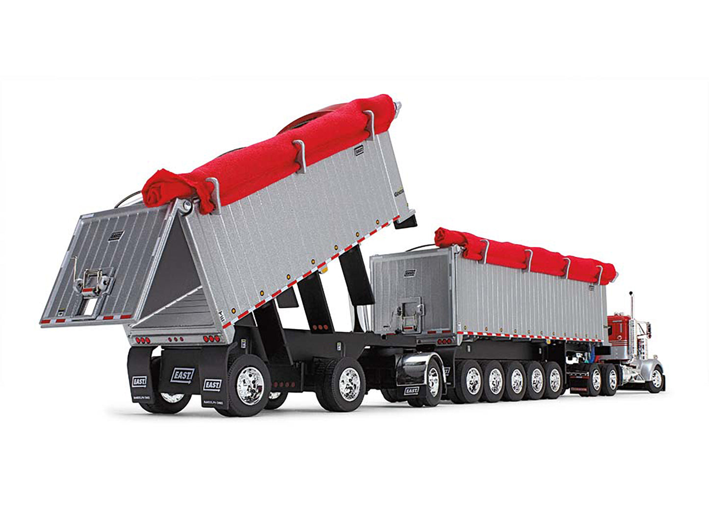 Kenworth W900L Day Cab and East Michigan Series 31' and 20' End Dump Trailers Viper Red and Silver 1/64 Diecast Model by DCP/First Gear