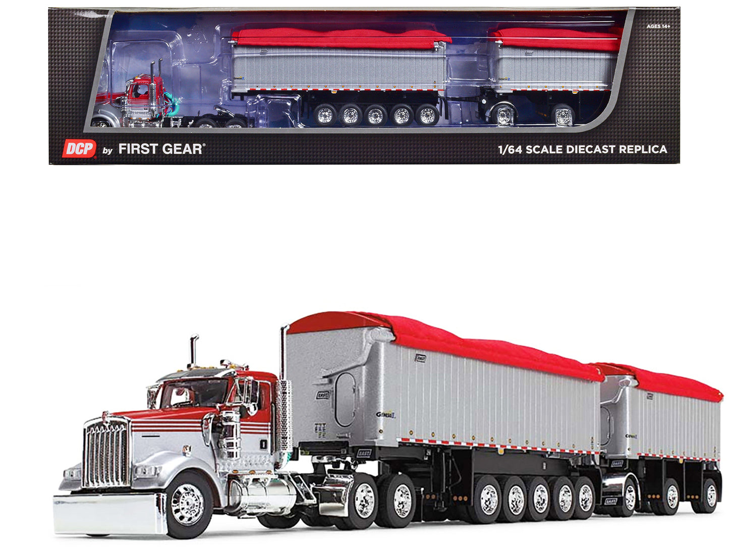 Kenworth W900L Day Cab and East Michigan Series 31' and 20' End Dump Trailers Viper Red and Silver 1/64 Diecast Model by DCP/First Gear