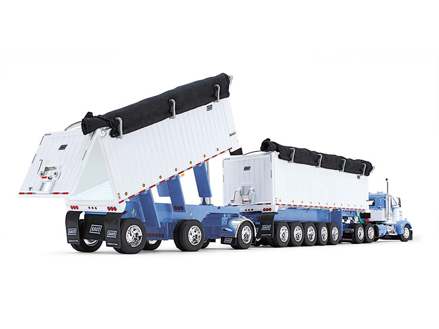 Kenworth W900L Day Cab and East Michigan Series 31' and 20' End Dump Trailers Wisteria Blue and White 1/64 Diecast Model by DCP/First Gear