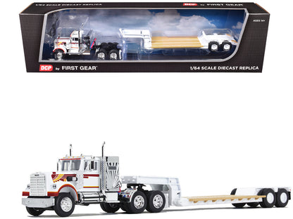 Western Star 4900 with 36" Vintage Flat Top Sleeper and Rogers Vintage Lowboy Trailer White with Graphics 1/64 Diecast Model by DCP/First Gear