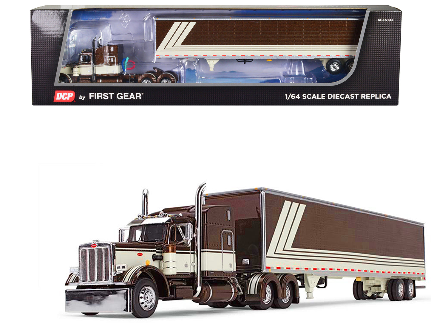 Peterbilt 359 with 63" Mid-Roof Sleeper and 53' Utility Trailer Brown and Cream 1/64 Diecast Model by DCP/First Gear