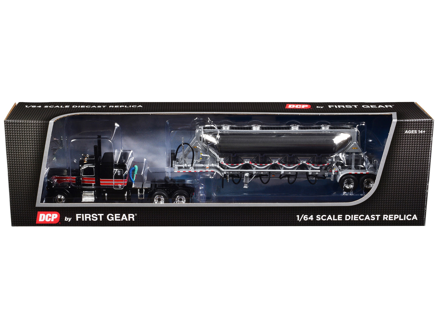 Peterbilt 389 with 63" Flat Top Sleeper and J&L Pneumatic Tank Trailer Black with Red Stripes 1/64 Diecast Model by DCP/First Gear