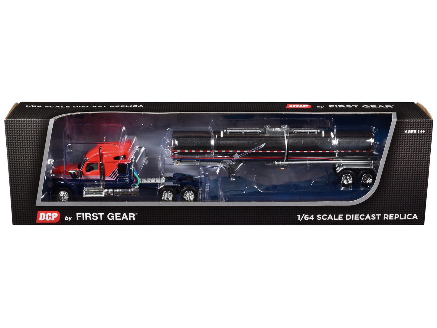 Kenworth W990 with 76" Mid-Roof Sleeper and Brenner Chemical Grade Tandem Axle Tanker Trailer Red and Navy Blue 1/64 Diecast Model by DCP/First Gear