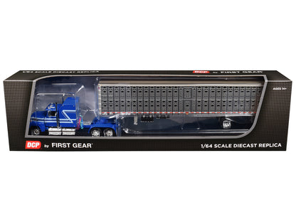 Ford LTL 9000 60" Aerodyne Sleeper with Wilson PSAL Stockmaster Livestock Trailer Blue with Stripes 1/64 Diecast Model by DCP/First Gear