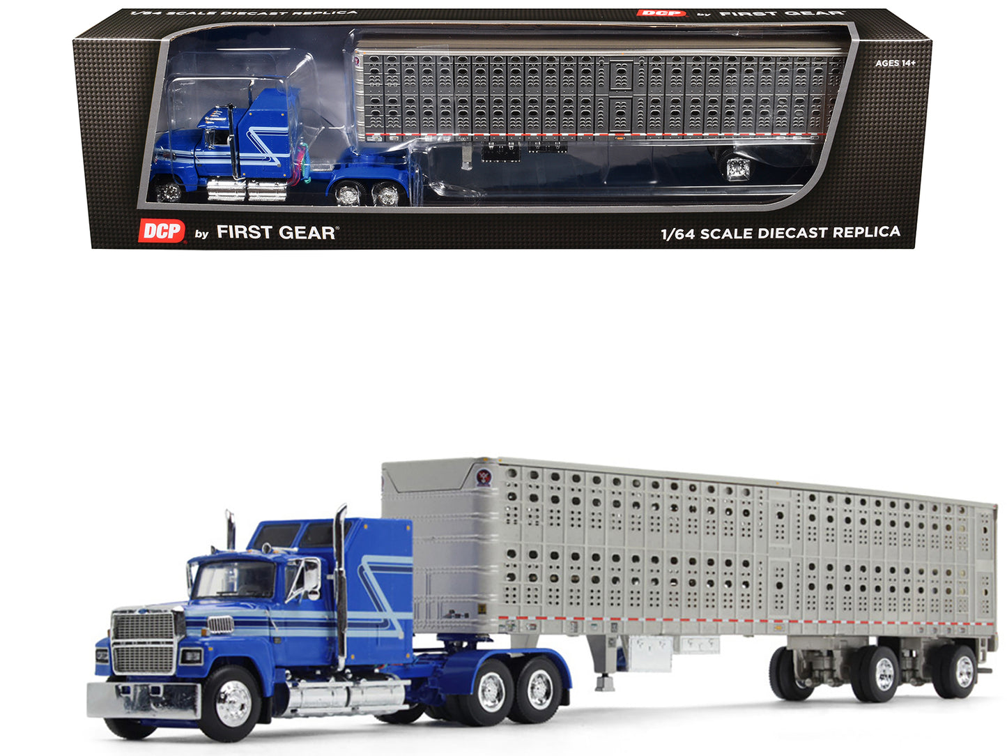 Ford LTL 9000 60" Aerodyne Sleeper with Wilson PSAL Stockmaster Livestock Trailer Blue with Stripes 1/64 Diecast Model by DCP/First Gear