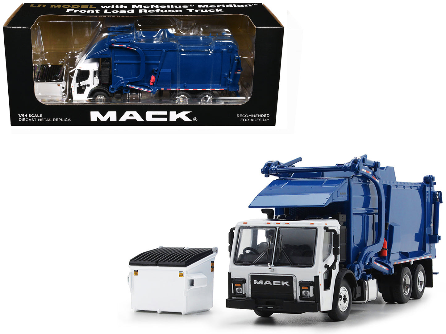 Mack LR Refuse Garbage Truck with McNeilus Meridian Front Loader White and Blue with Trash Bin 1/64 Diecast Model by DCP/First Gear