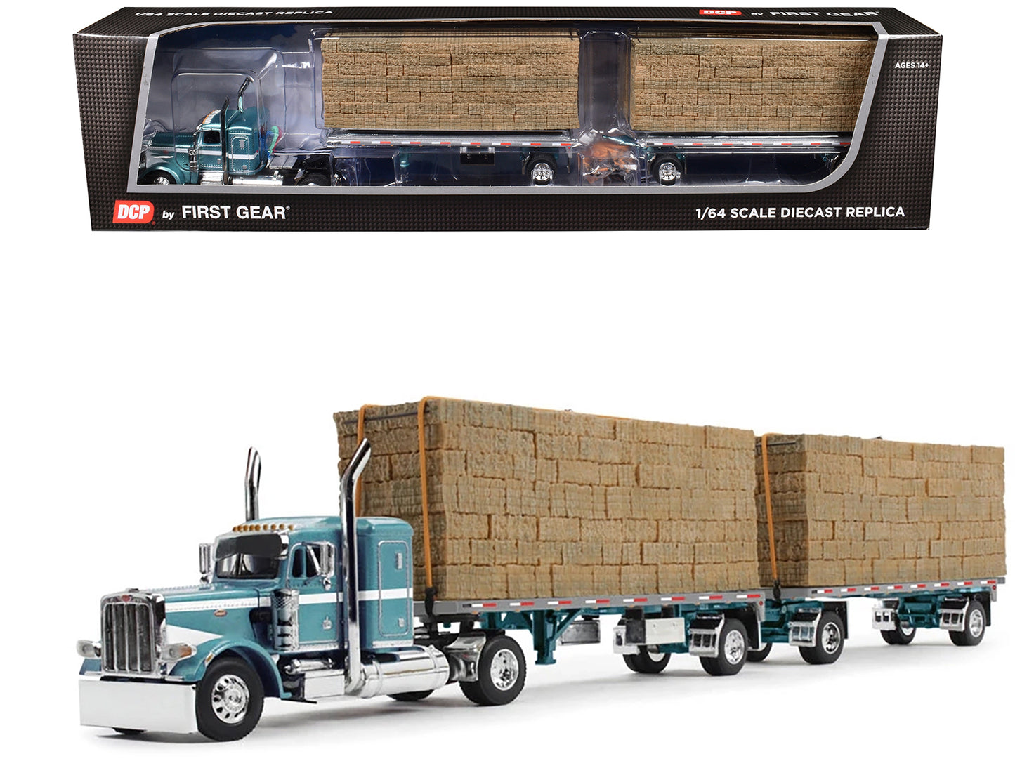 Peterbilt 389 36" Flat Top Sleeper with Utility Dual 28.5' Flatbed Trailers with Hay Loads Pacific Blue Metallic with White Stripes 1/64 Diecast Model by DCP/First Gear