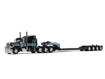 Peterbilt 389 with 63" Mid-Roof Sleeper and Fontaine Magnitude Lowboy Trailer with Flip Axle Black with Light Blue Stripes "Cappello Heavy Transport" 1/64 Diecast Model by DCP/First Gear