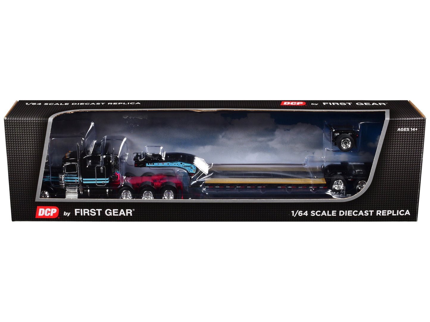 Peterbilt 389 with 63" Mid-Roof Sleeper and Fontaine Magnitude Lowboy Trailer with Flip Axle Black with Light Blue Stripes "Cappello Heavy Transport" 1/64 Diecast Model by DCP/First Gear