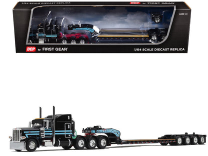 Peterbilt 389 with 63" Mid-Roof Sleeper and Fontaine Magnitude Lowboy Trailer with Flip Axle Black with Light Blue Stripes "Cappello Heavy Transport" 1/64 Diecast Model by DCP/First Gear