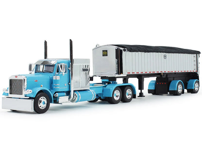 Peterbilt 379 with 60" Vintage Sleeper and MAC Coal End Dump Trailer Cyan Blue and Chrome 1/64 Diecast Model by DCP/First Gear