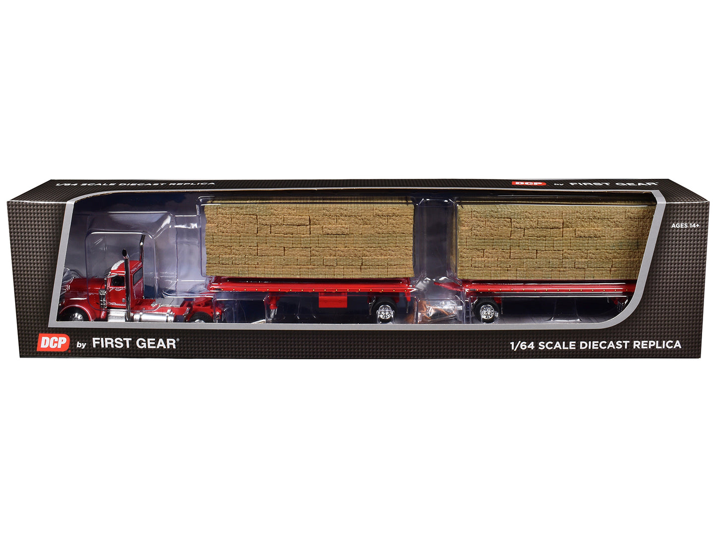 Peterbilt 389 Day Cab with Utility Dual 28.5' Flatbed Trailers with Hay Loads Viper Red with Graphics 1/64 Diecast Model by DCP/First Gear