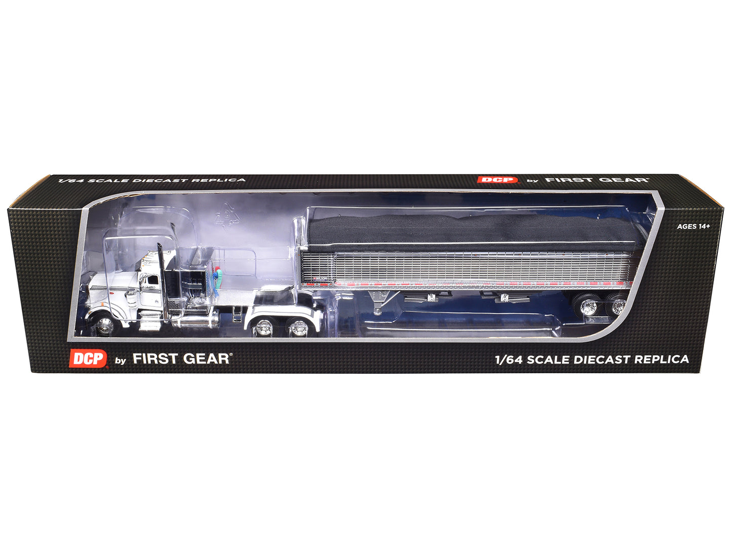 Peterbilt 359 with 60" Vintage Sleeper and 43' Wilson High Side Grain Trailer White and Chrome 1/64 Diecast Model by DCP/First Gear