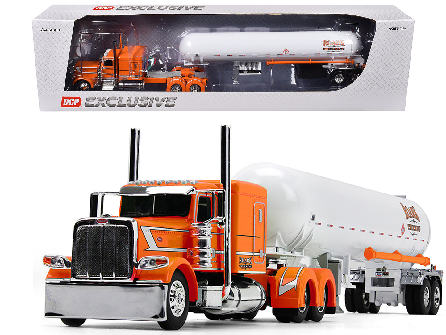 Peterbilt 389 with 63" Flat Top Sleeper and Mississippi LP Tank Trailer "Roark Trucking" Orange with Graphics "DCP Exclusive" Series 1/64 Diecast Model by DCP/First Gear