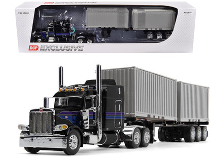 Peterbilt 389 with 63" Mid-Roof Sleeper and Container Trailer and Two 20' Dry Goods Containers Jet Black with Stripes "DCP Exclusive" Series 1/64 Diecast Model by DCP/First Gear