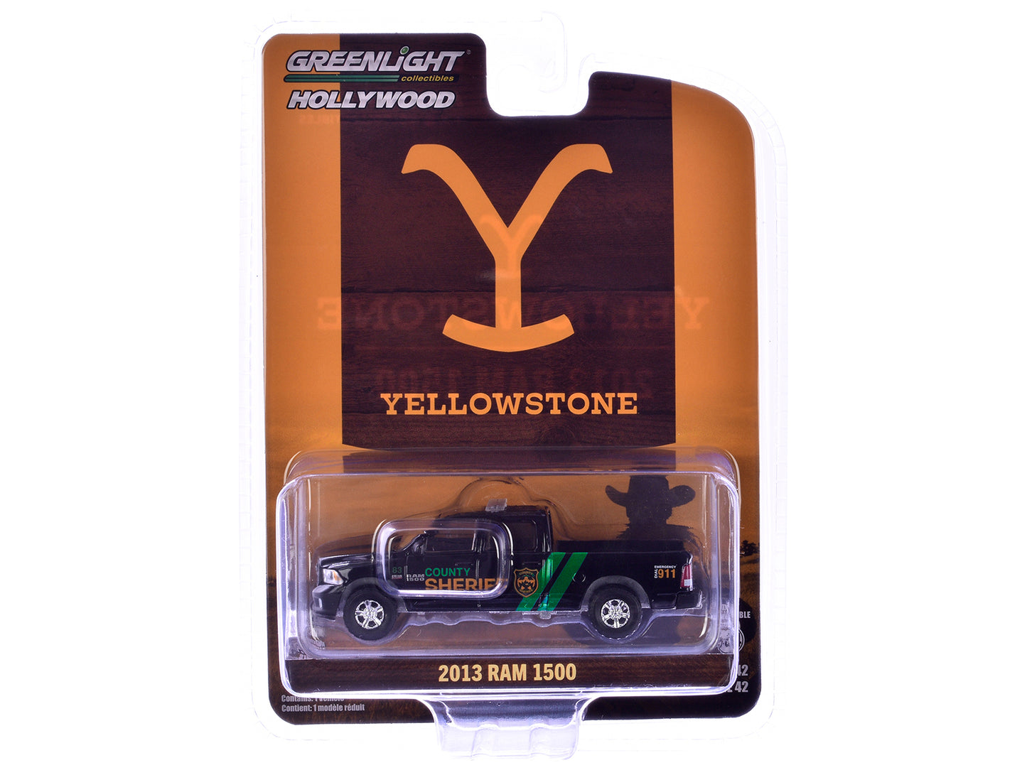 2013 Ram 1500 Pickup Truck "County Sheriff" Black with Green Stripes "Yellowstone" (2018–Current) TV Series "Hollywood Series" Release 42 1/64 Diecast Model Car by Greenlight