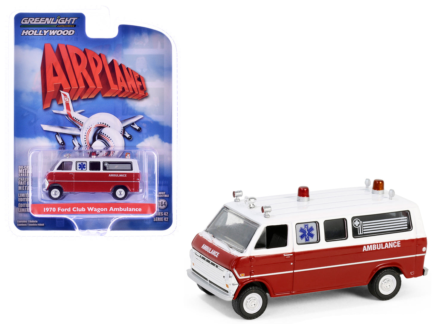 1970 Ford Club Wagon Ambulance Red and White "Airplane!" (1980) Movie "Hollywood Series" Release 42 1/64 Diecast Model Car by Greenlight