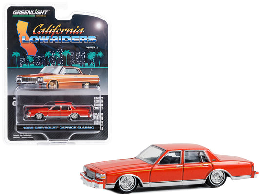 1989 Chevrolet Caprice Classic Lowrider Custom Red Orange with Yellow Stripes "California Lowriders" Series 3 1/64 Diecast Model Car by Greenlight